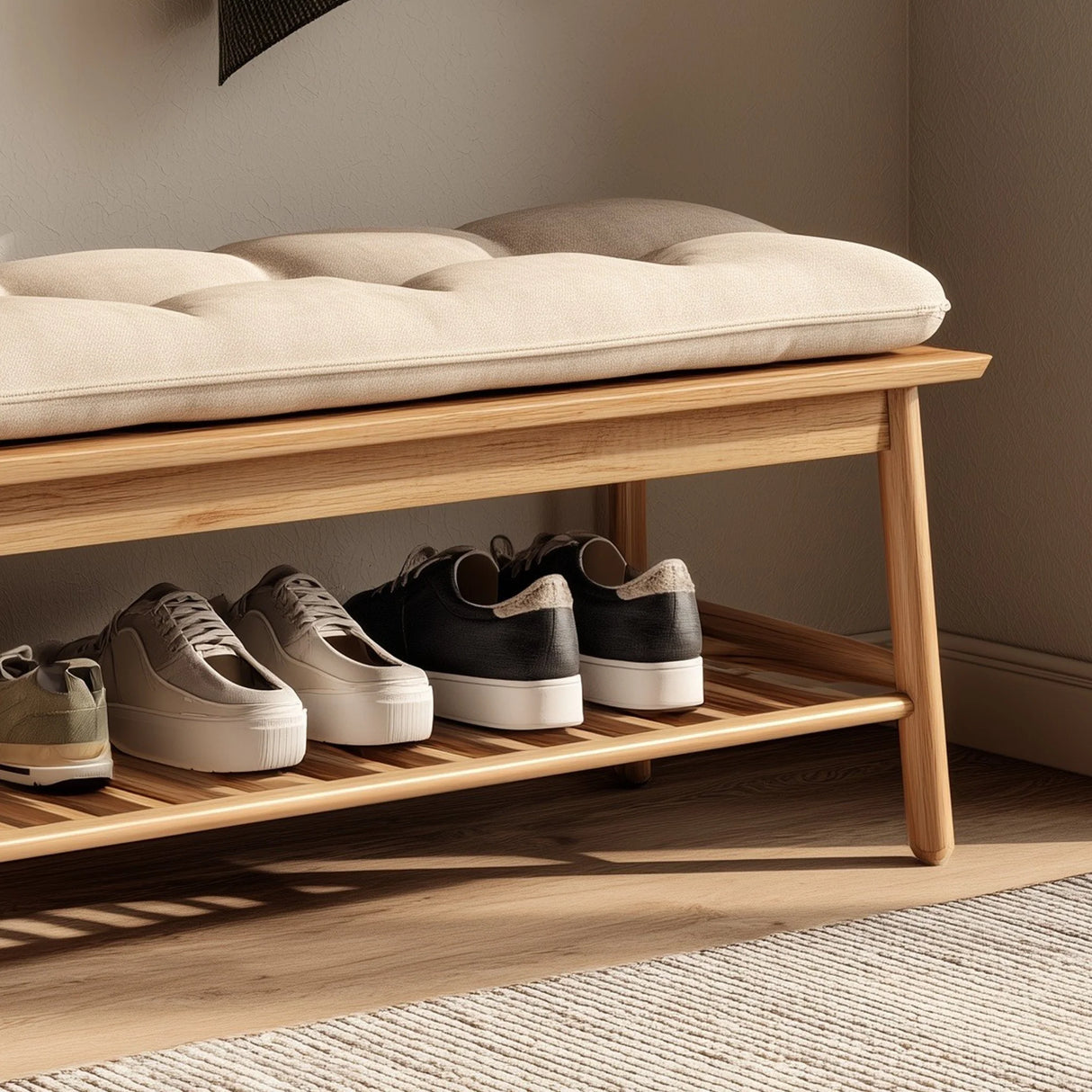 Minimal wooden entryway bench with lower shoe shelf close view highlighting cushioned seat and shelf