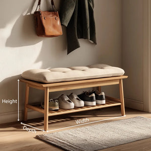 Minimal wooden entryway bench with lower shoe shelf dimensions showing height width and depth