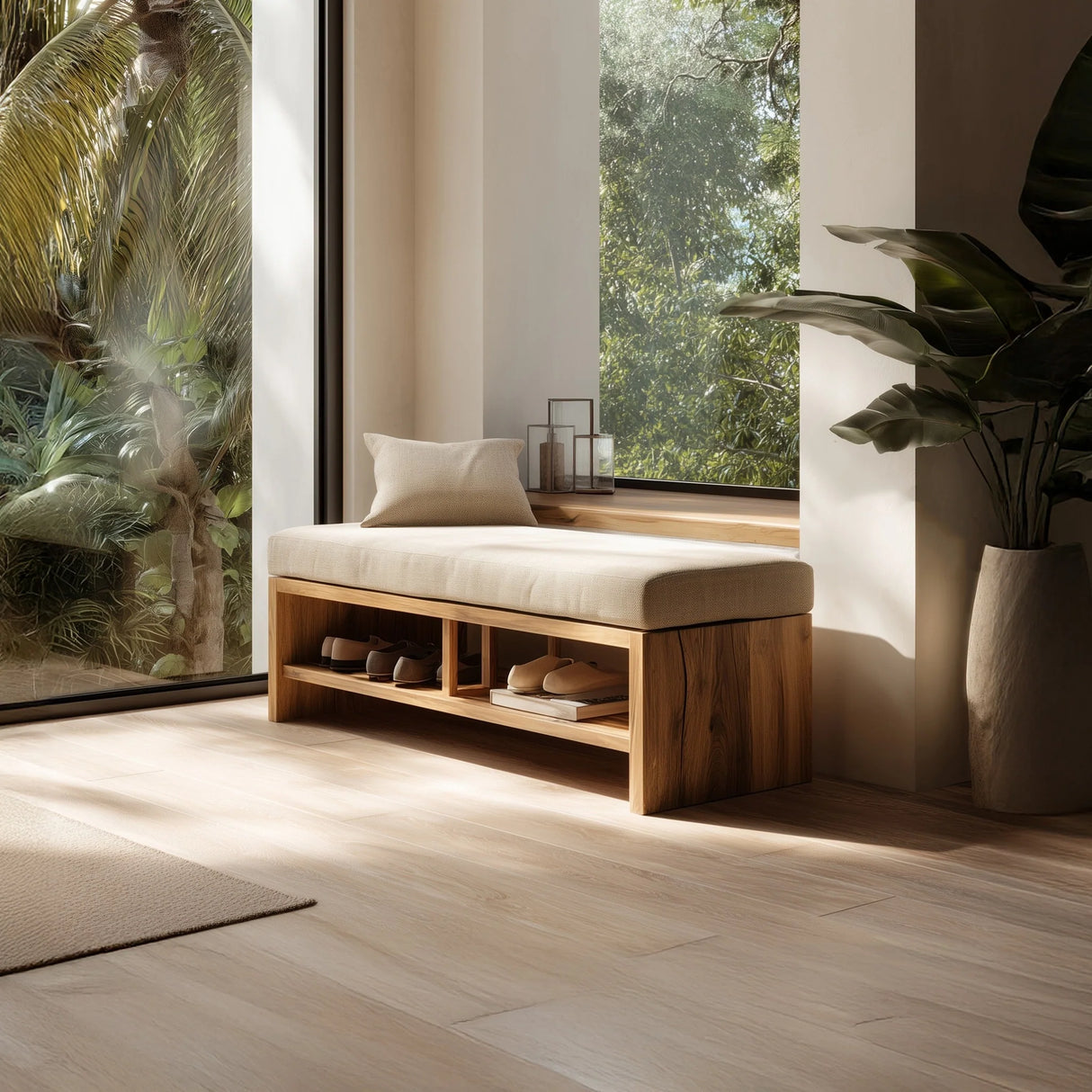 Wooden storage bench with open shelf compartments placed near window with indoor plant