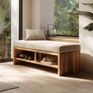 Wooden storage bench with open shelf compartments in entryway setting