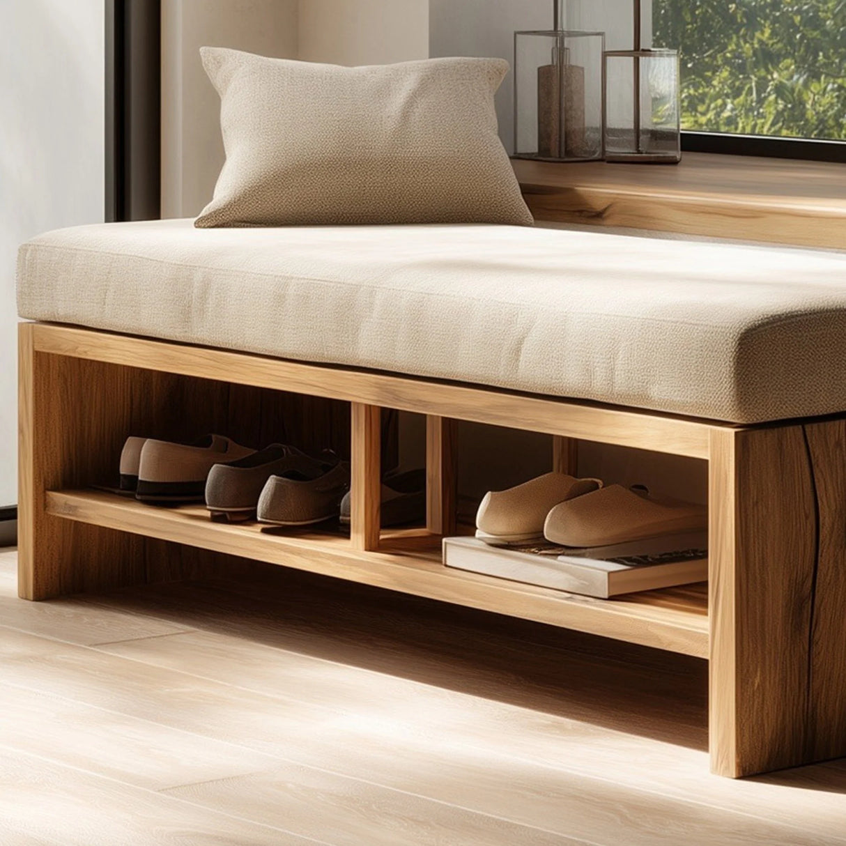Wooden storage bench with open shelf compartments angled view highlighting structure and cushion top