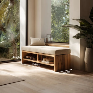 Wooden storage bench with open shelf compartments dimensions showing height width and depth