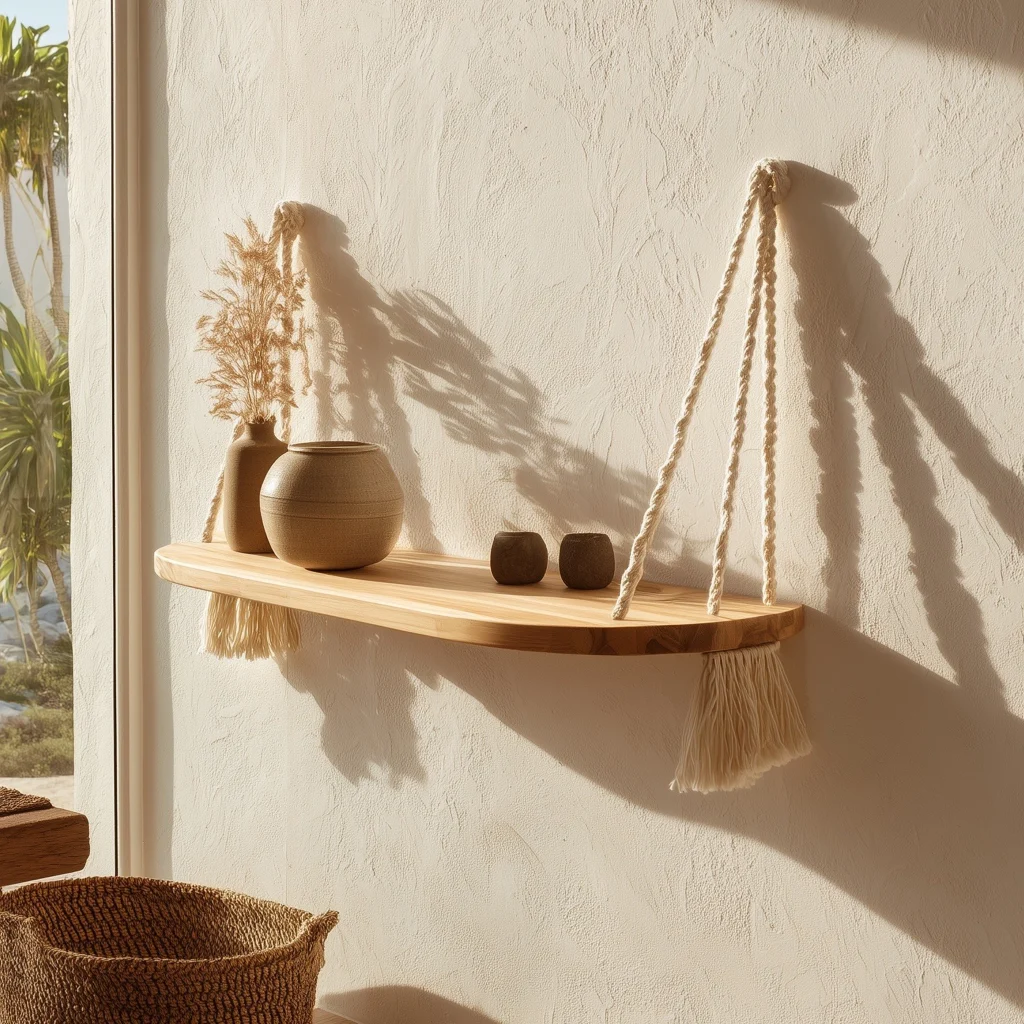 Curved Wooden Hanging Shelf With Knotted Rope Details