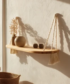 Curved Wooden Hanging Shelf With Knotted Rope Details