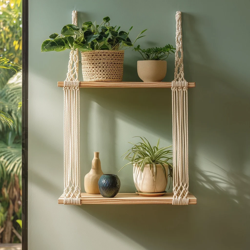Double-Tier Wooden Hanging Shelf With Macramé Rope Frame