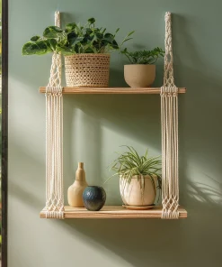 Double-Tier Wooden Hanging Shelf With Macramé Rope Frame
