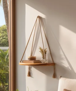 Floating Wooden Hanging Shelf With Braided Rope Detail