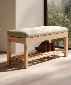 Light Wood Entryway Bench With Open Lower Shelf