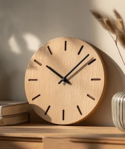 Minimal Round Wooden Table Clock With Line Markers