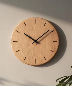 Minimal Round Wooden Wall Clock With Linear Hour Marks