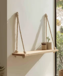Minimal Wooden Hanging Wall Shelf With Natural Rope Support