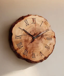 Natural Edge Wooden Slice Wall Clock with Roman Numerals