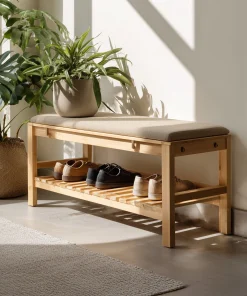 Natural Wooden Entryway Bench With Open Shoe Rack