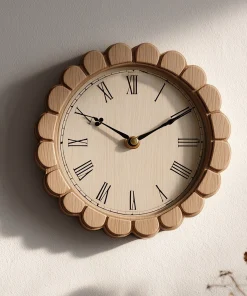 Round Wooden Wall Clock With Scalloped Frame
