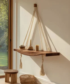 Single-Tier Wooden Hanging Shelf With Braided Rope Support