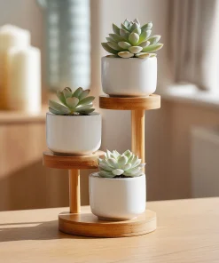 Tiered Wooden Plant Stand With Three Minimal Planters