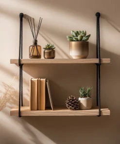 Two-Level Wooden Wall Shelf With Black Rope Suspension