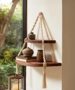Two-Tier Wooden Hanging Corner Shelf With Handwoven Rope