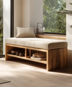 Wooden Storage Bench With Open Shelf Compartments